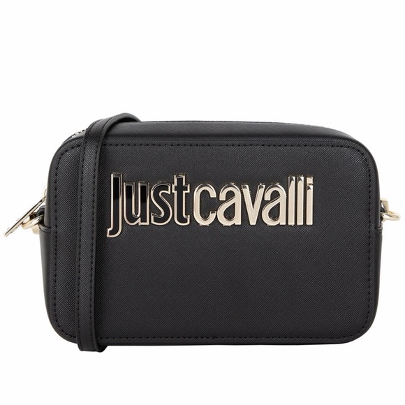 Just Cavalli Black Logo Crossbody Camera Bag with Gold Hardware